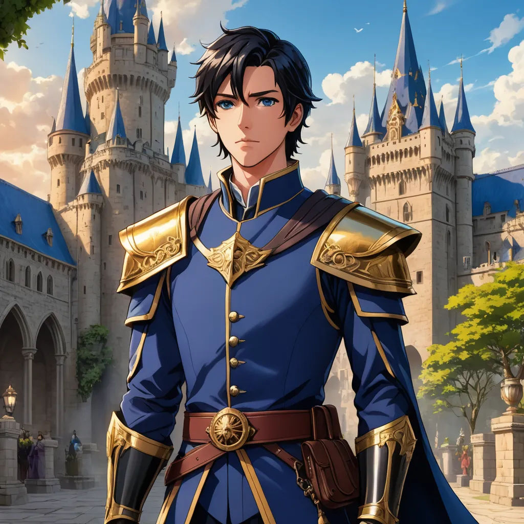 a man in a blue suit standing in front of a castle with a castle in the background and a sky with clouds, sots art, a character portrait, Cedric Seaut (Keos Masons), official art