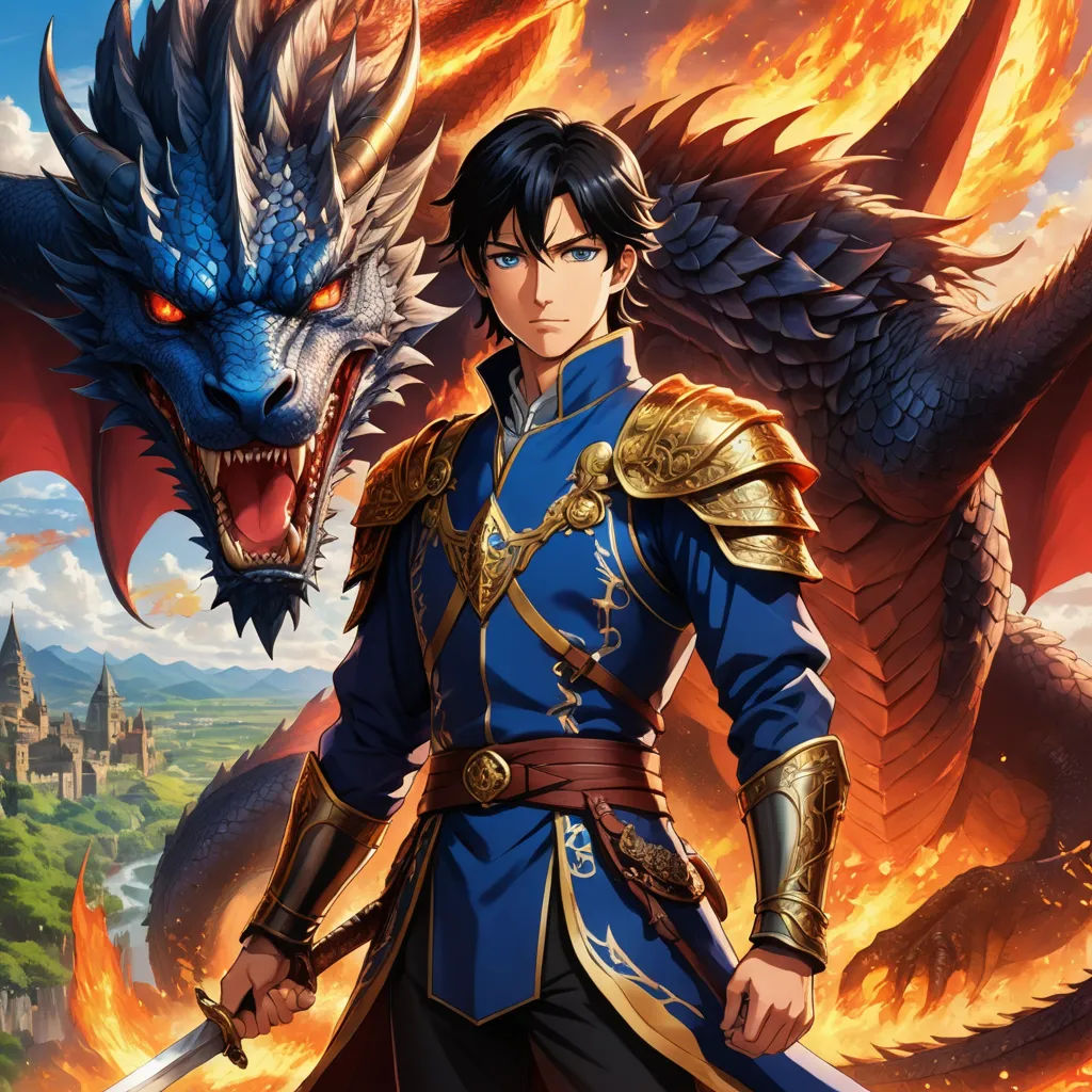 a man in a blue outfit standing next to a dragon and a castle with a red fire on it, sots art, poster art, Cedric Seaut (Keos Masons), official art