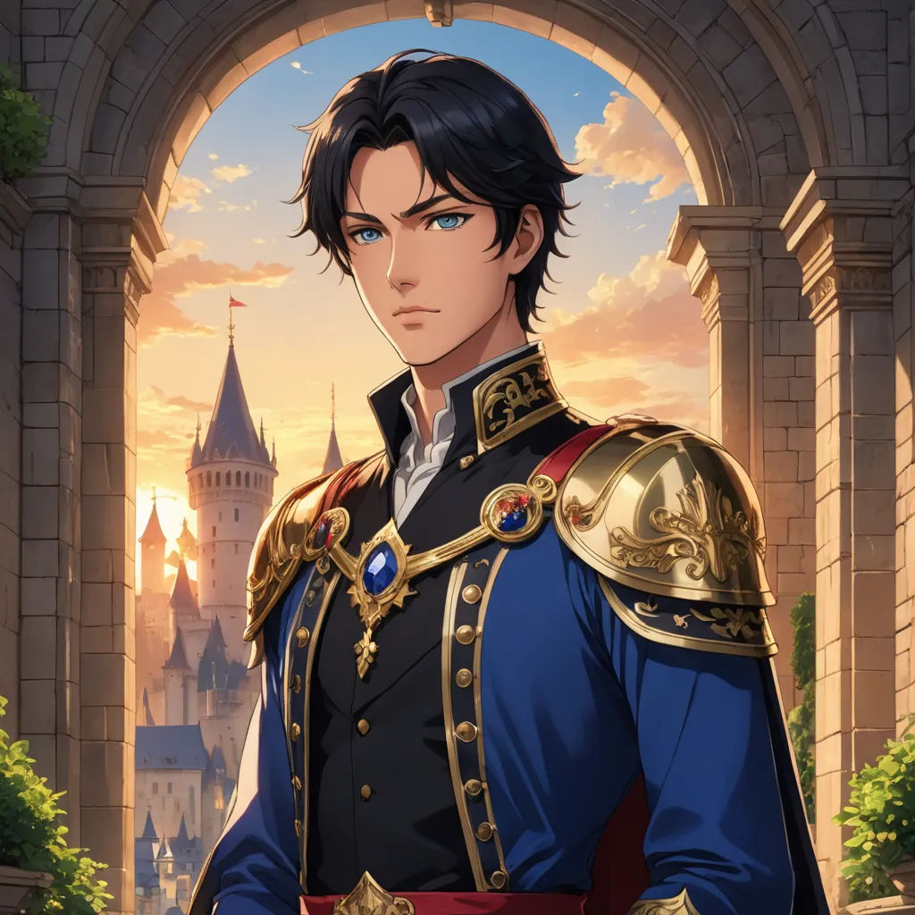 a man in a blue uniform standing in front of a castle entrance with a castle in the background and a sunset in the background, pre-raphaelitism, a character portrait, Anne Said, official art