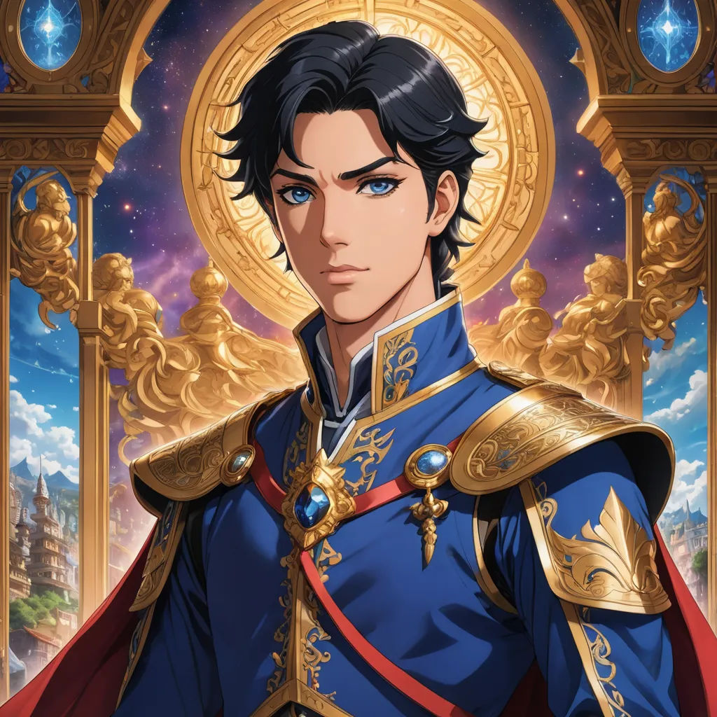 a man in a blue suit with a red cape and gold trimmings standing in front of a golden throne, pre-raphaelitism, a character portrait, Du Jin, official art