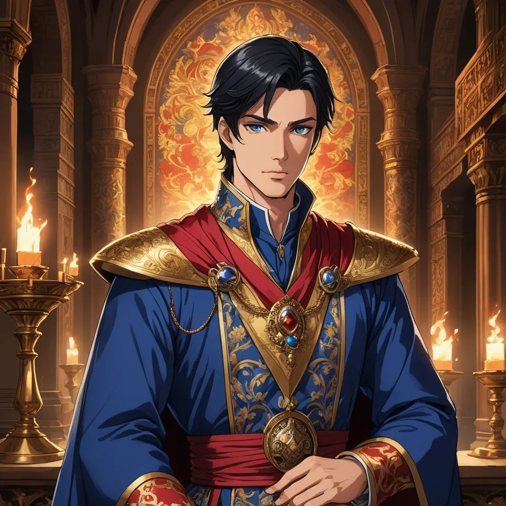 a man in a blue and gold outfit standing in front of a fire place with a candle in his hand, pre-raphaelitism, a character portrait, Altoon Sultan, official art