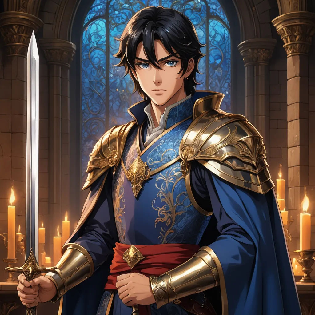 a man in a blue and gold outfit holding a sword and a candle in front of a stained glass window, sots art, a character portrait, Altoon Sultan, official art