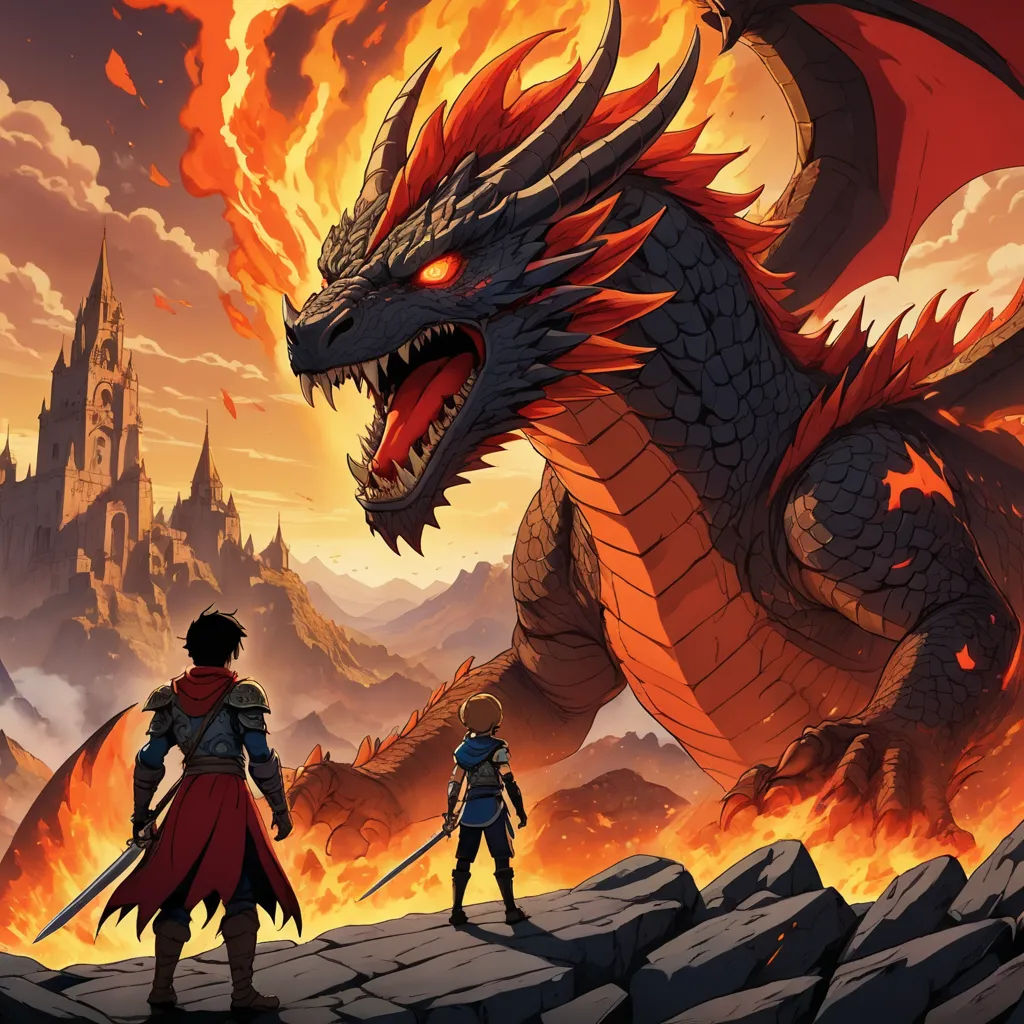 a dragon and a knight standing in front of a castle with flames in the air and a castle in the background, fantasy art, concept art, Dan Mumford, dragon art