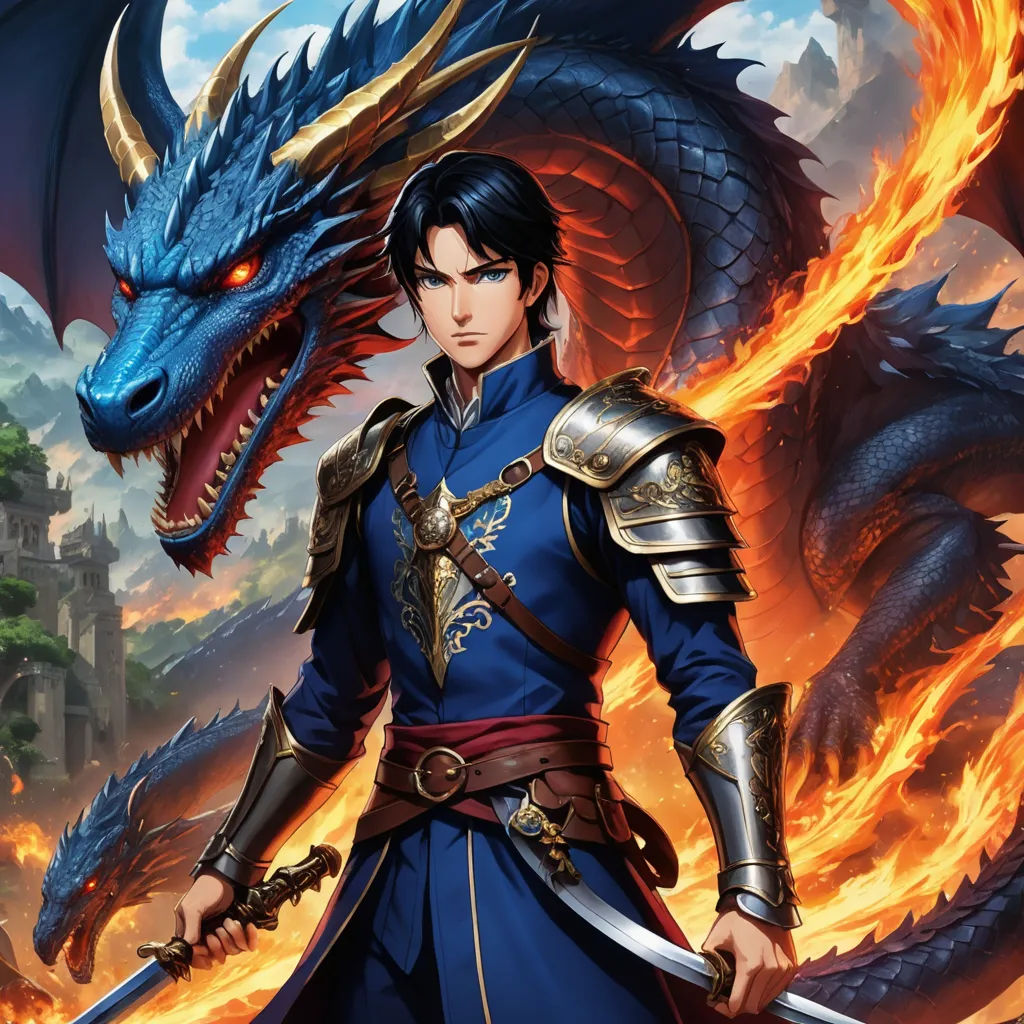 a man in a blue outfit holding a sword and a dragon on a background of fire and sky with a castle, fantasy art, concept art, Cedric Seaut (Keos Masons), dragon art