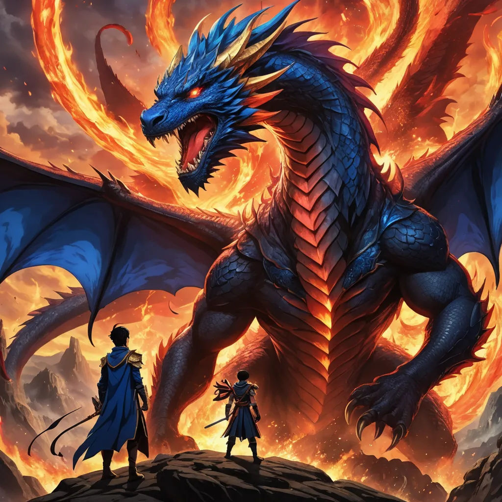 a dragon and two men standing in front of a fire dragon with a sword in his hand and a flamey background, fantasy art, a comic book panel, Anne Stokes, dragon art