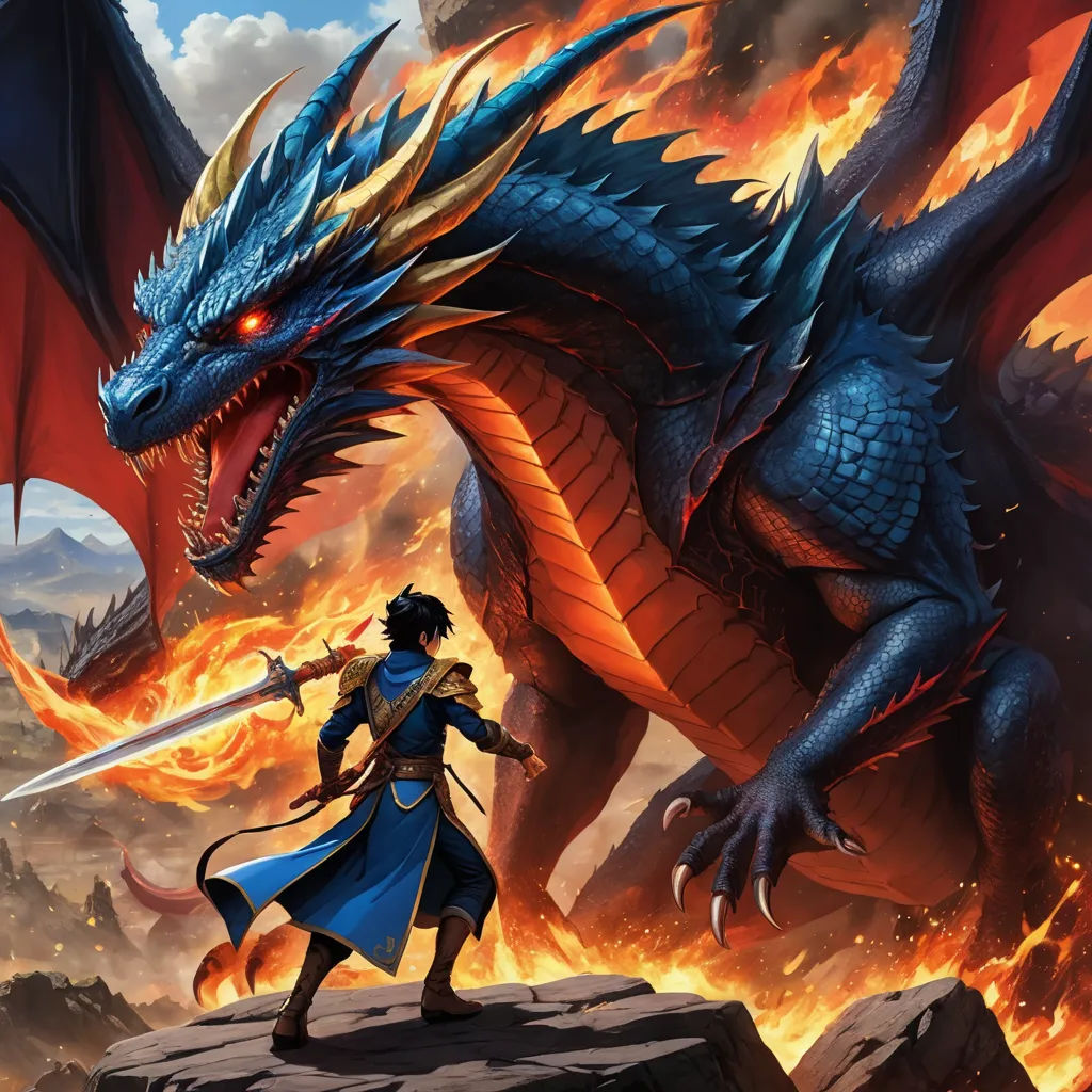 a dragon and a knight are fighting over a fire dragon in a fantasy scene with a woman in a blue dress, fantasy art, concept art, Anne Stokes, dragon art