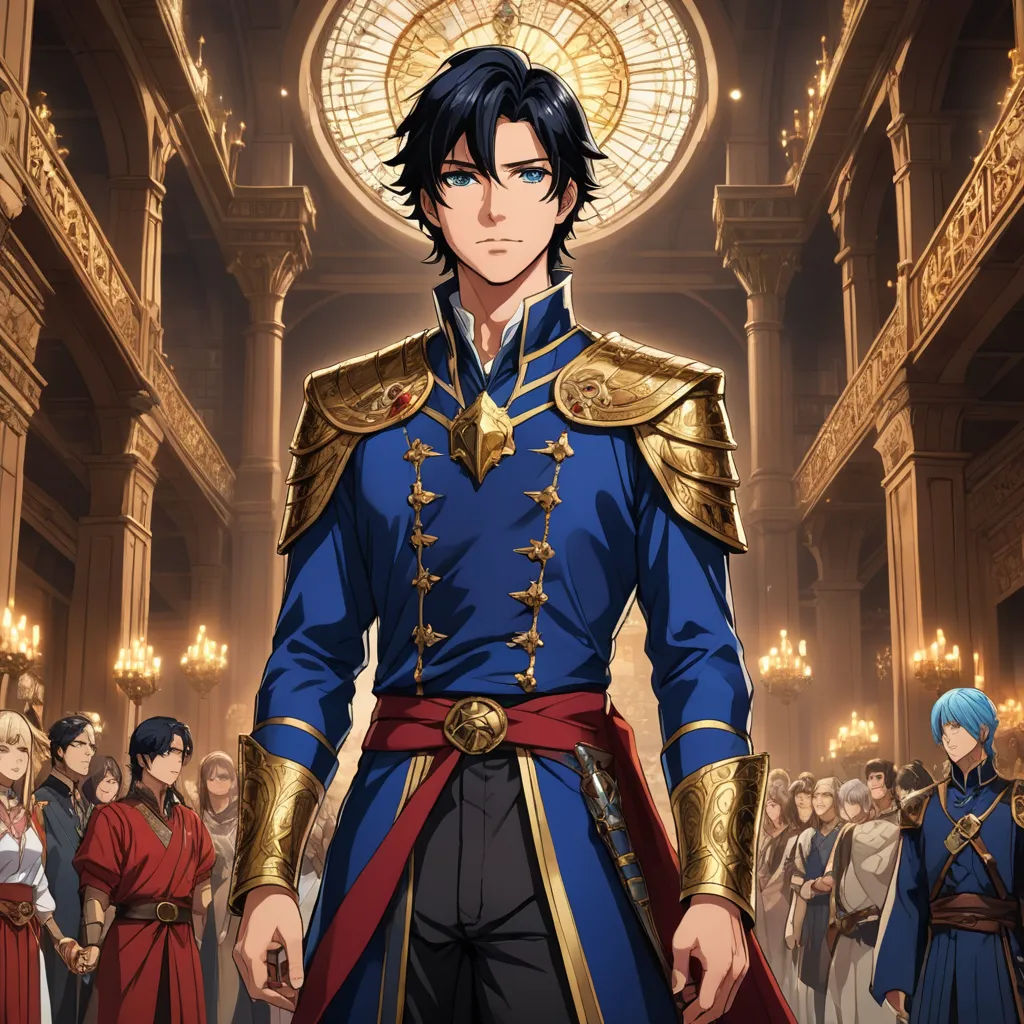 a man in a blue uniform standing in front of a crowd of people in a building with a clock, pre-raphaelitism, concept art, Erlund Hudson, official art