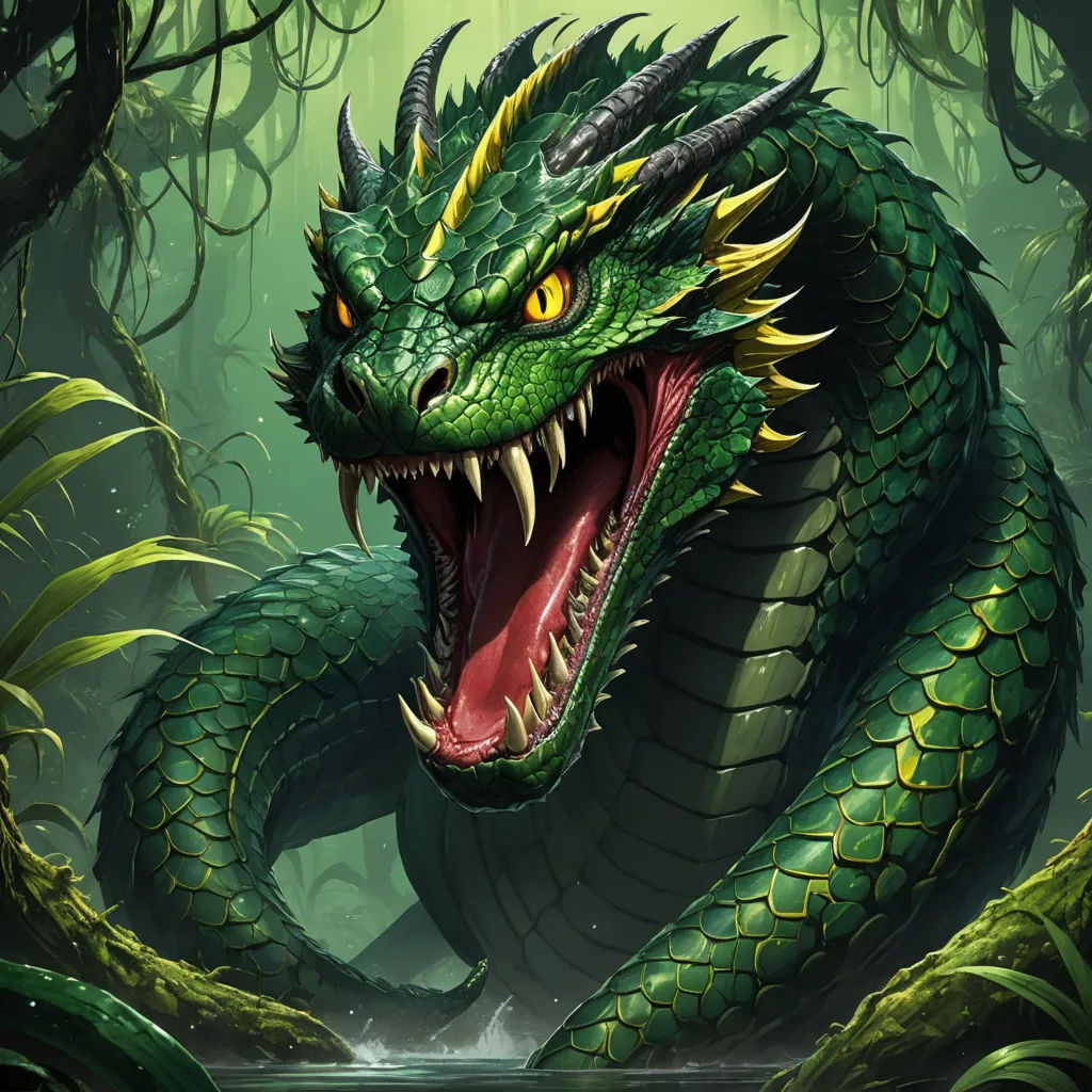 a green dragon with its mouth open and its tongue out in the jungle with water and trees around it, fantasy art, a storybook illustration, Anne Stokes, dragon art
