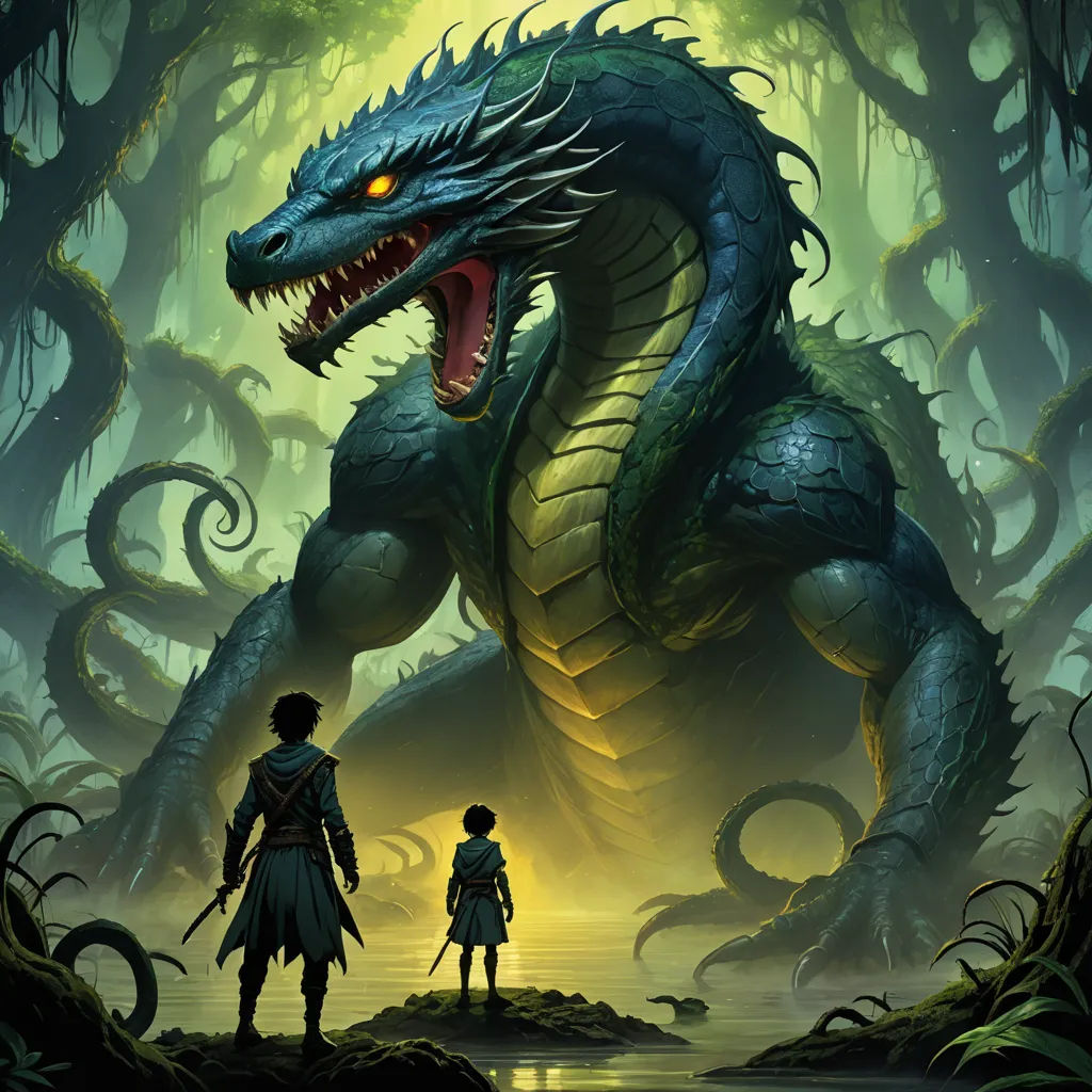 a boy and a dragon in a forest with a boy looking at them from the ground, with a giant dragon in the background, fantasy art, a storybook illustration, Brothers Hildebrandt, magic the gathering artwork
