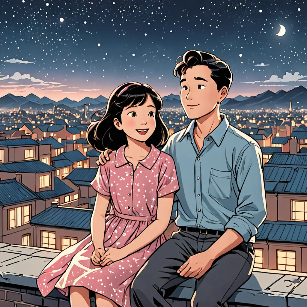 a man and a woman sitting on a ledge looking at the stars in the sky above them, with a cityscape in the background, serial art, a comic book panel, Byeon Sang-byeok, official art