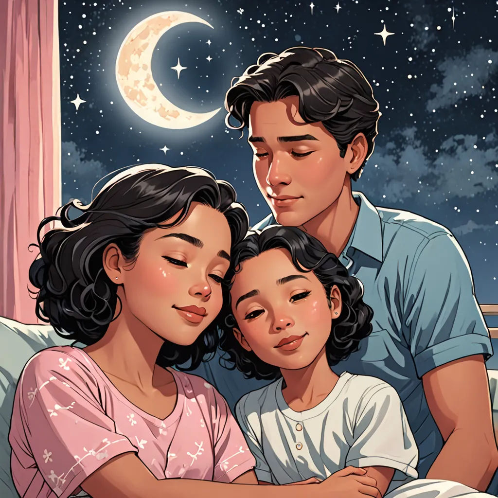 a man and woman are sitting on a bed with a child and a night sky behind them, and a crescent moon, harlem renaissance, a comic book panel, Artgerm, comic cover art