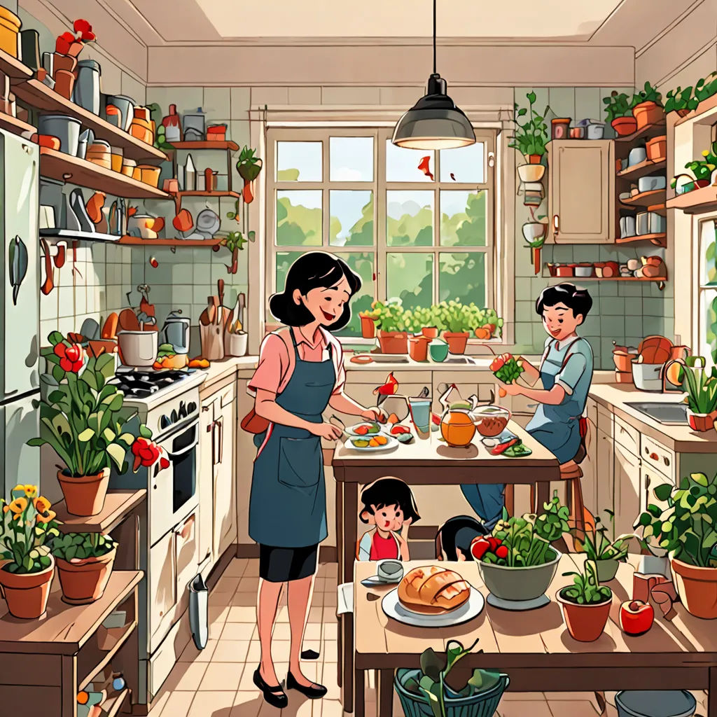 a woman and two children are in a kitchen with a table full of food and plants and pots of plants, lyco art, a storybook illustration, Diego Gisbert Llorens, storybook illustration
