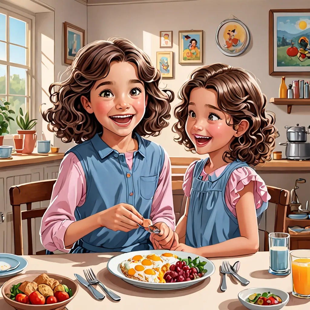a painting of two girls eating a meal together at a table with plates of food and drinks on it, serial art, a storybook illustration, Diego Gisbert Llorens, storybook illustration