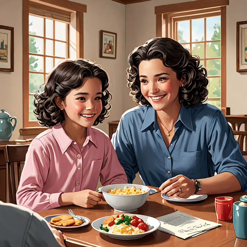 a painting of a woman and a girl eating a meal together at a table with a teapot and a teapot, american scene painting, a storybook illustration, F Scott Hess, storybook illustration