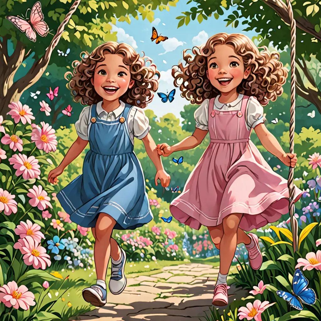 two little girls are walking in the park together holding hands and holding hands with a butterfly on a string, lyco art, a storybook illustration, Brothers Hildebrandt, official art
