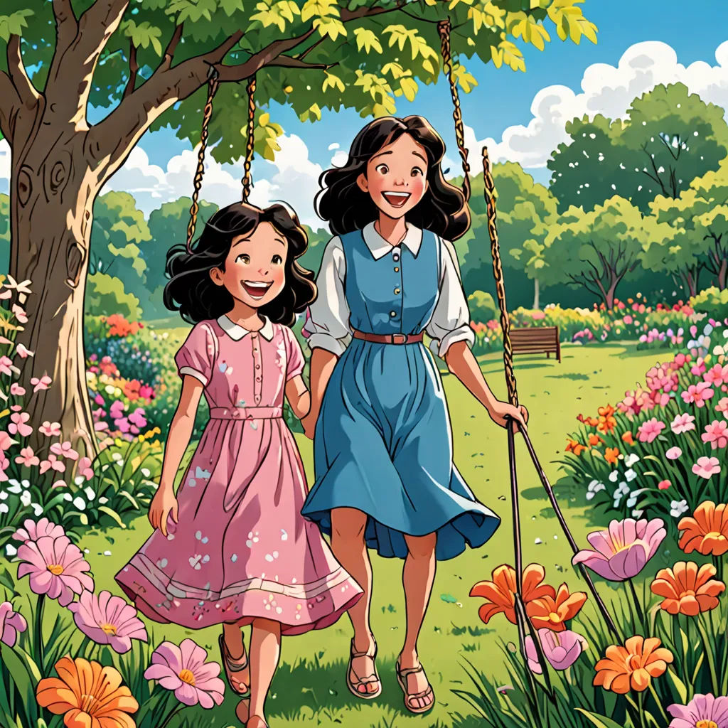 a couple of girls walking down a lush green park next to a tree and flowers on a swing set, lyco art, a comic book panel, Brothers Hildebrandt, official art