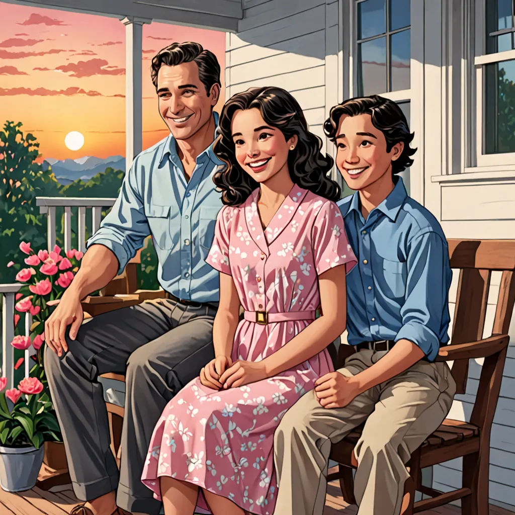 a painting of a family sitting on a porch swing at sunset with a view of the mountains and a lake, american realism, a storybook illustration, F Scott Hess, promotional image