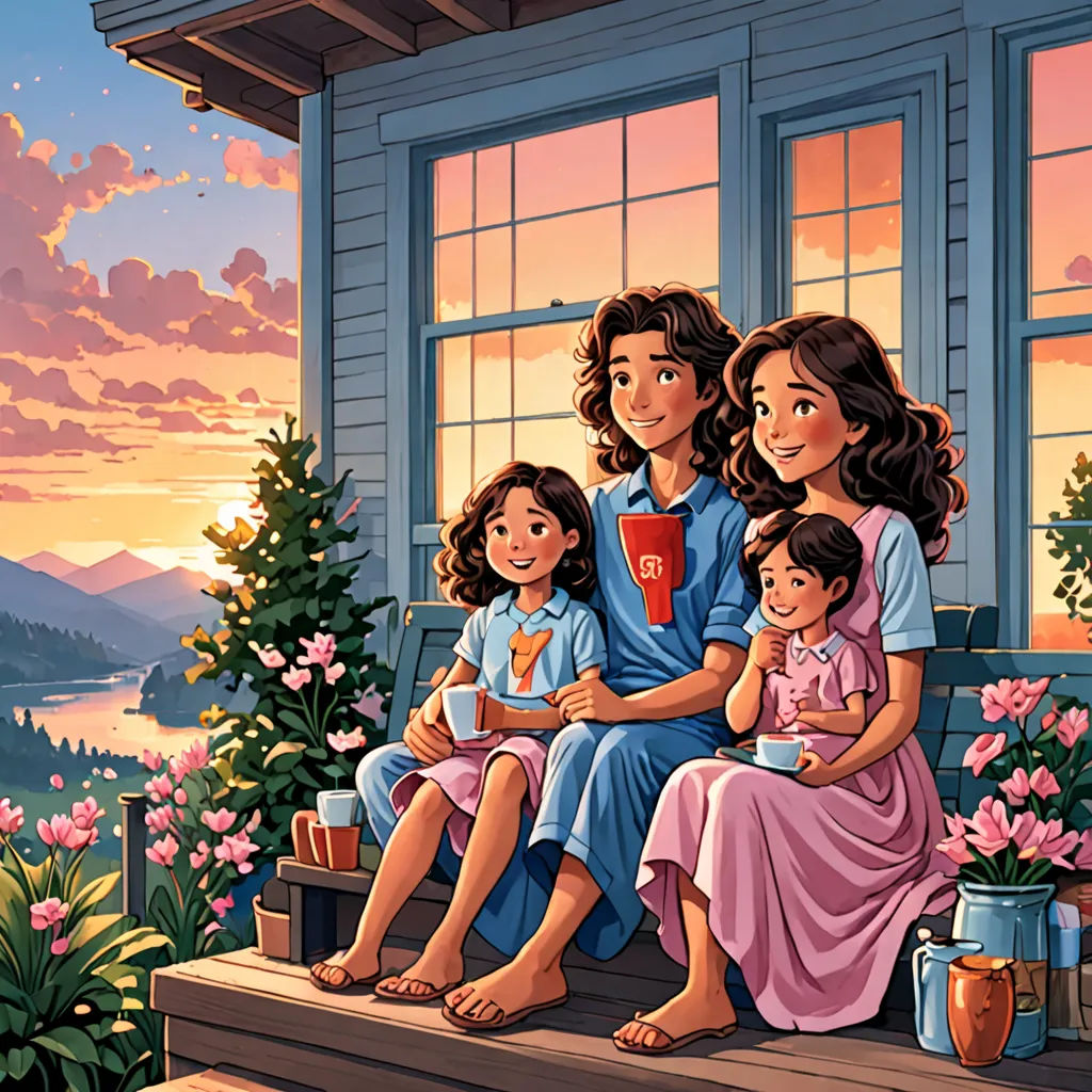 a family sitting on a porch with a sunset in the background and flowers in the foreground, and a lake in the background, american scene painting, a storybook illustration, Brothers Hildebrandt, official art