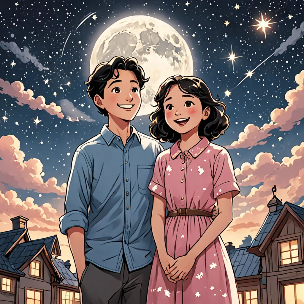 a man and a woman standing in front of a full moon and stars sky with a house in the background, space art, a storybook illustration, David Park, comic cover art