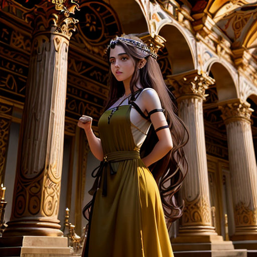 a woman in a dress standing in front of a building with columns and pillars on either side of her