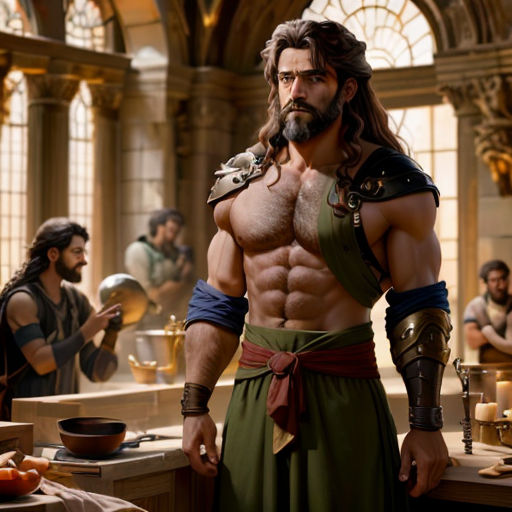 a man with a beard and a beard standing in a kitchen next to other men in ancient costumes and armor