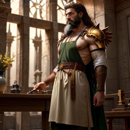 a man in a roman costume standing in front of a table with a knife in his hand and a vase with flowers in the background