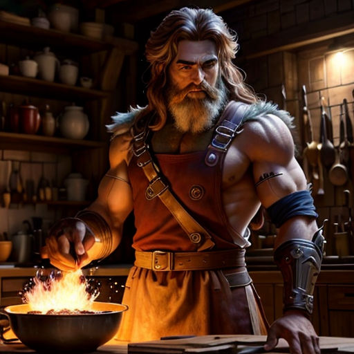 a man in a kitchen cooking a bowl of food with a hammer and a fire in it, with a large knife in his hand