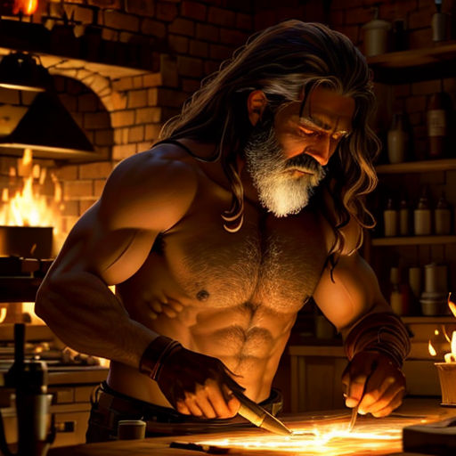 a man with long hair and beard standing in front of a table with a knife and a bowl of fire