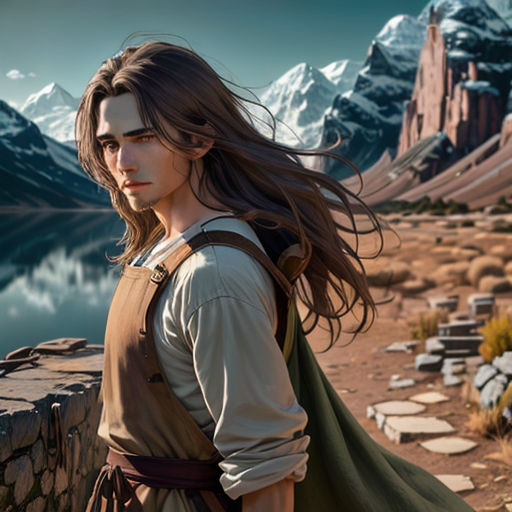 a woman with long hair standing next to a lake and mountains in the background, with a long flowing hair