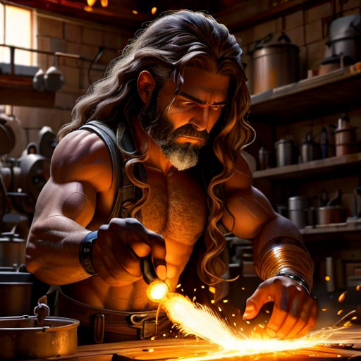 a man with long hair and a beard is working on a piece of metal in a workshop with a grinder