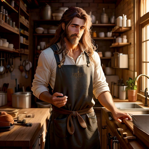 a man with long hair and beard wearing an apron in a kitchen with a sink and a window behind him