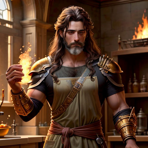 a man in a kitchen with a fire in his hand and a fire in his hand behind him, a woman in a dress and a helmet and a fire in a kitchen