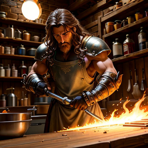 a man in a kitchen with a fire in his hand and a cooking pot on the table behind him