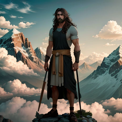 a man with a beard and a beard standing on a rock in the clouds with a sword in his hand
