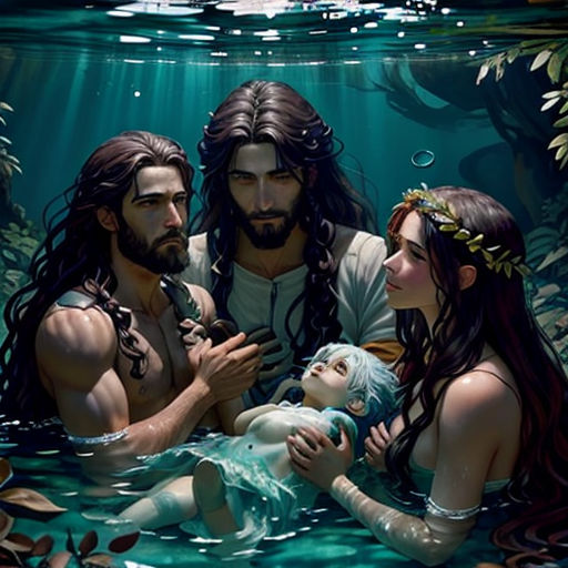a painting of a man and two women in the water with a baby in his lap and a man holding a baby