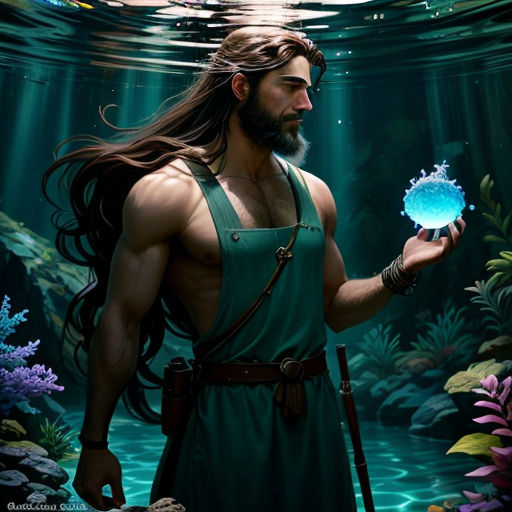a man with long hair holding a crystal ball in his hand under water with plants and rocks around him