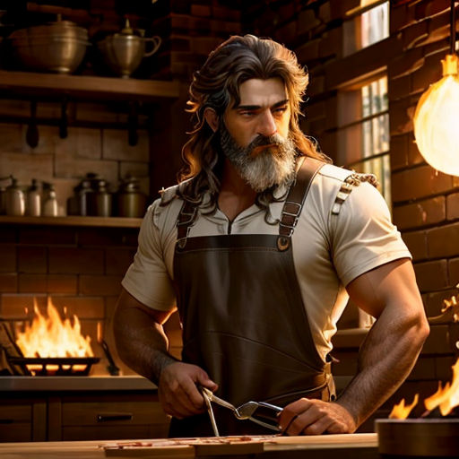 a man with a beard and long hair is cooking in a kitchen with flames behind him and a large knife in his hand