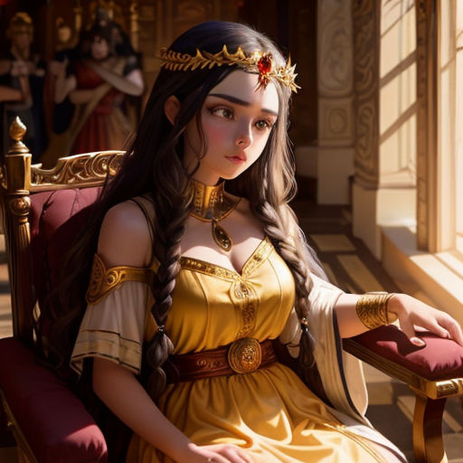 a woman in a yellow dress sitting in a chair with a crown on her head and a red pillow