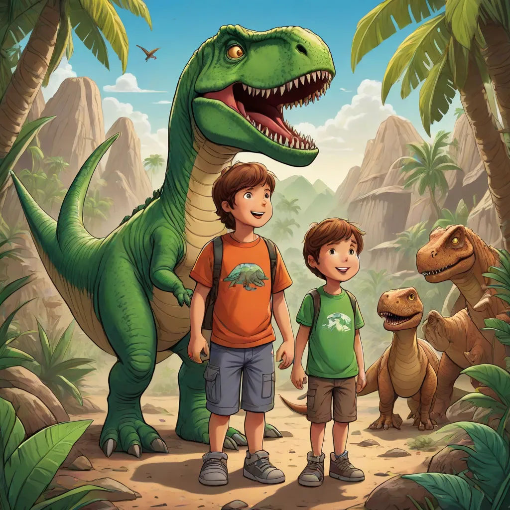 a boy and a boy standing in front of a dinosaur in a jungle with a t - shirt on, process art, a storybook illustration, Adam Rex, rossdraws global illumination