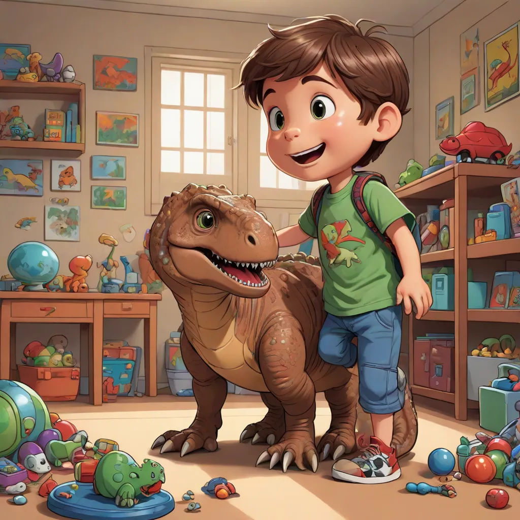 a boy is playing with a dinosaur in a room full of toys and toys on the floor and shelves, lyco art, a storybook illustration, Adam Rex, rossdraws global illumination