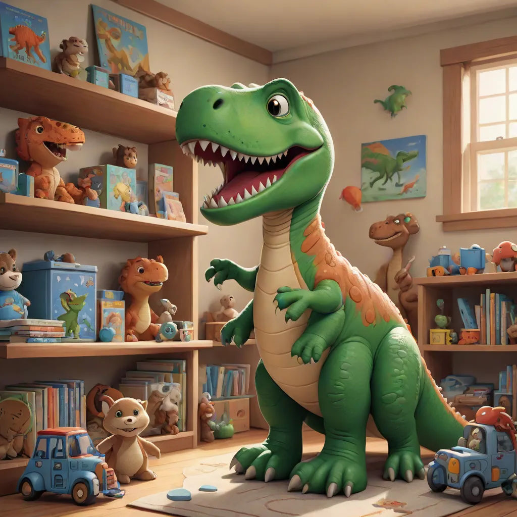 a dinosaur in a play room with toys and bookshelves in the background and a stuffed animal on the floor, photorealism, a storybook illustration, Adam Rex, pixar and disney animation