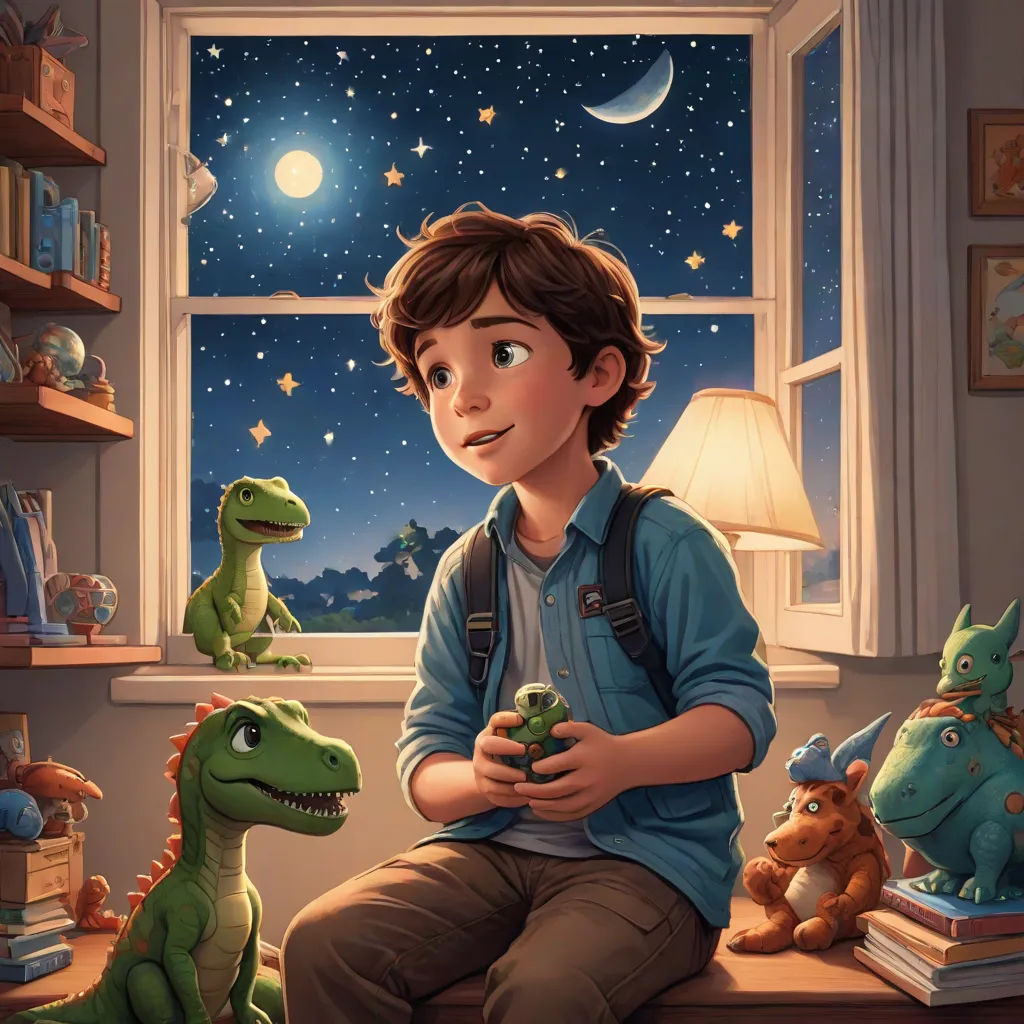 a boy sitting on a window sill with stuffed animals around him and a dinosaur in the window sill, space art, a storybook illustration, Adam Rex, storybook illustration