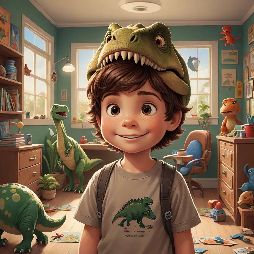 a boy with a dinosaur hat in a room with dinosaurs and toys on the floor and a desk with a computer, photorealism, a detailed painting, Adam Rex, rossdraws global illumination