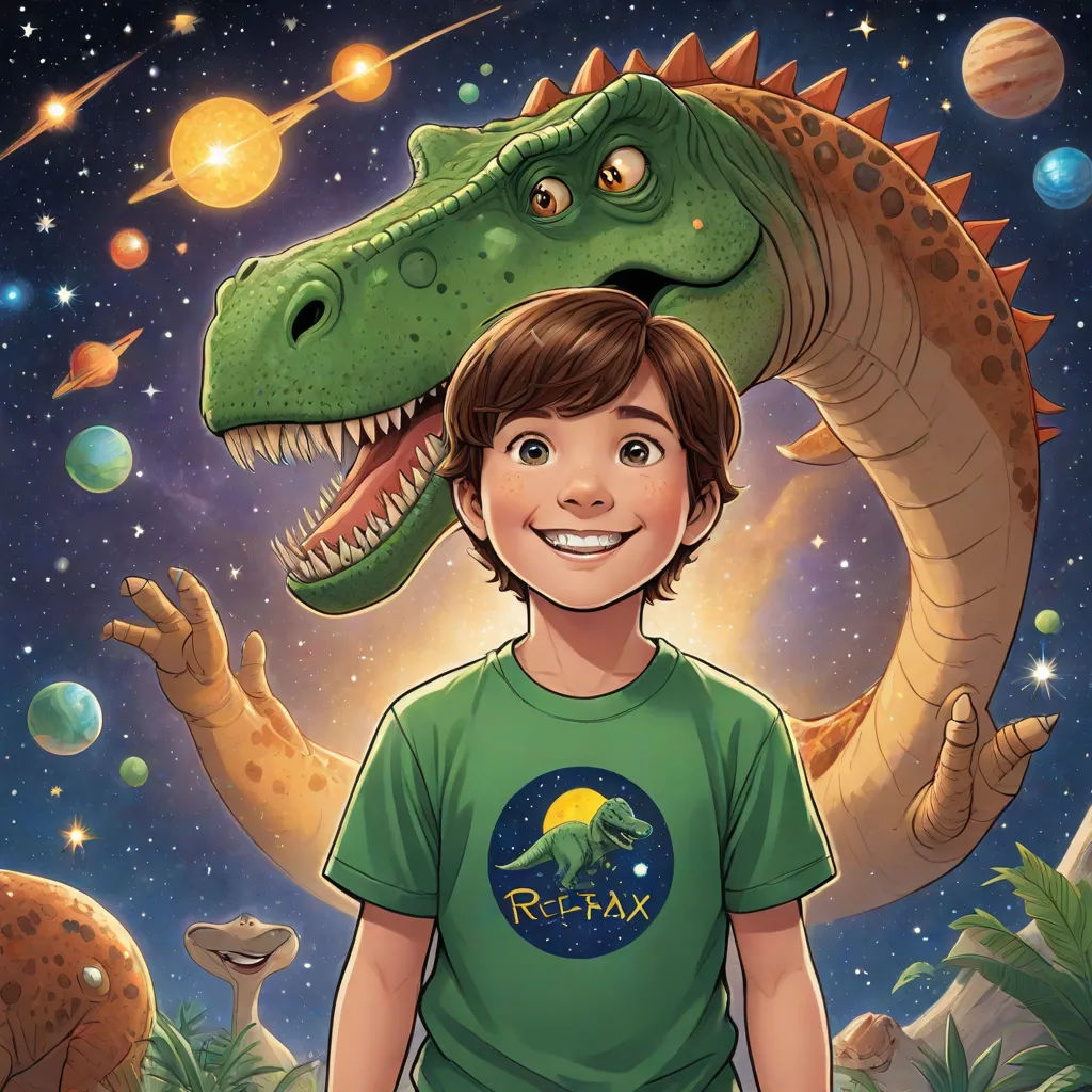 a boy is standing in front of a dinosaur and a t - shirt with a dinosaur on it's head, space art, a storybook illustration, Adam Rex, comic cover art