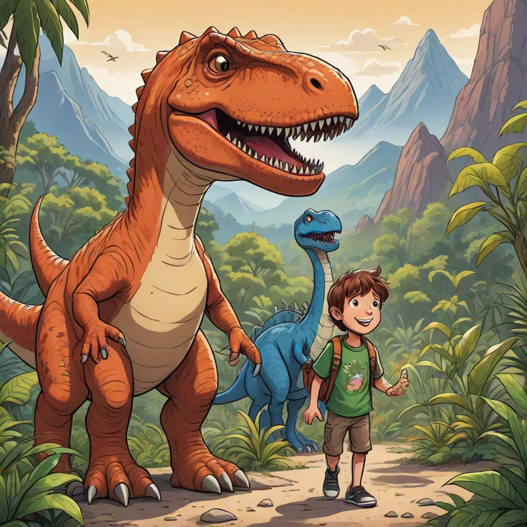 a boy and a dinosaur in a jungle scene with mountains and trees in the background illustration by alex krapf, lyco art, a storybook illustration, Adam Rex, rossdraws global illumination