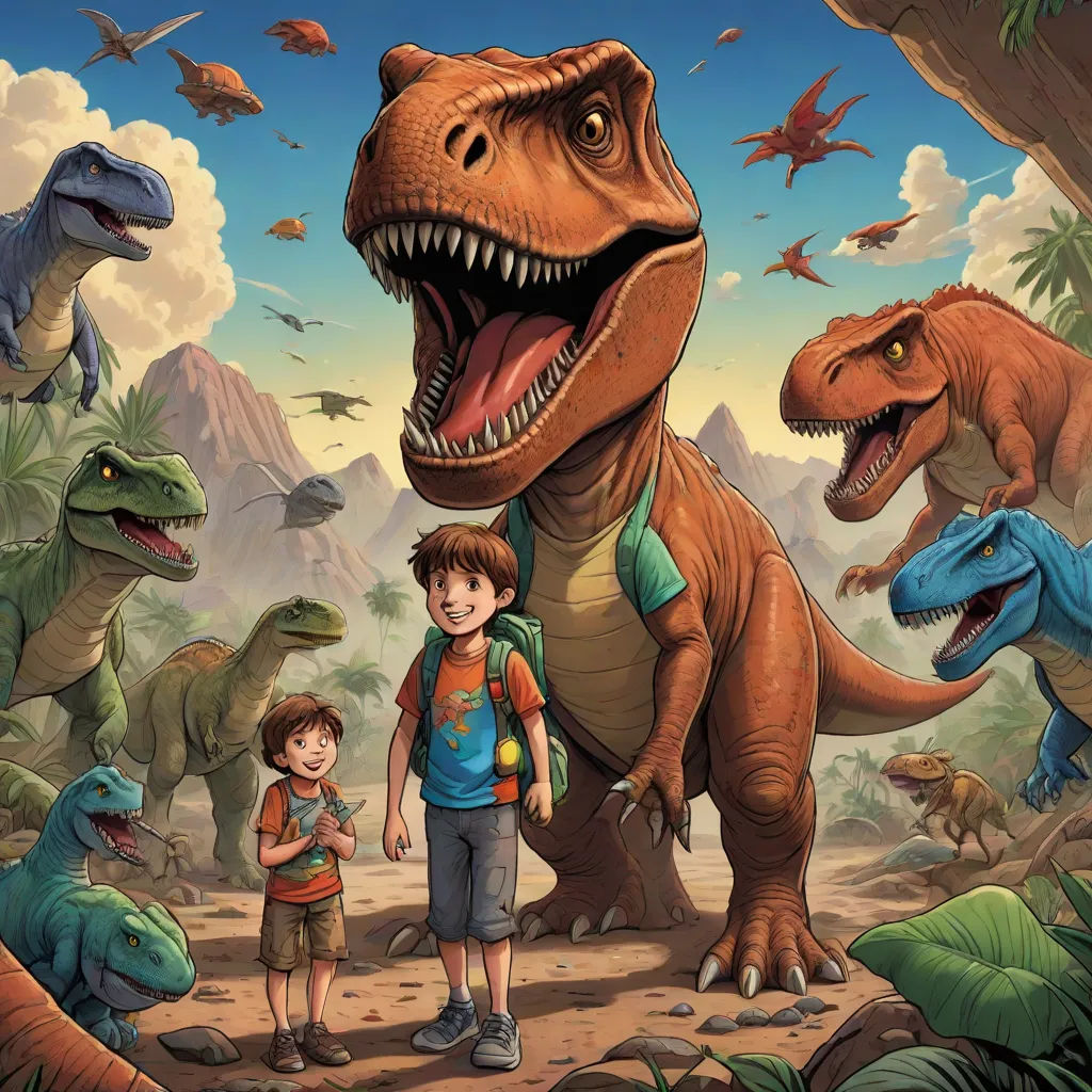 a boy and a boy standing in front of a dinosaur with other dinosaurs in the background and a boy standing next to him, lyco art, a storybook illustration, Adam Rex, rossdraws global illumination
