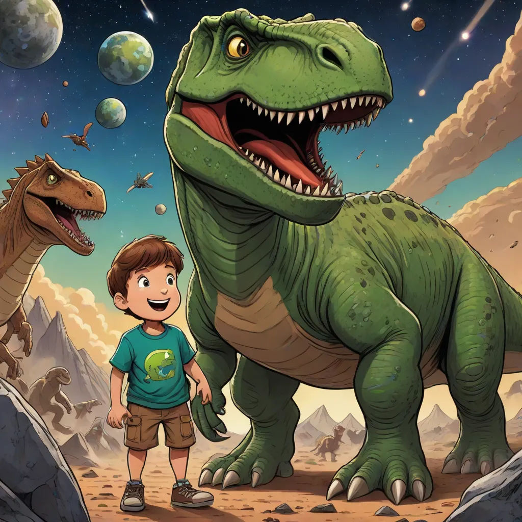 a boy standing next to a dinosaur in a field of rocks and rocks with a sky background and stars, space art, a storybook illustration, Adam Rex, comic cover art