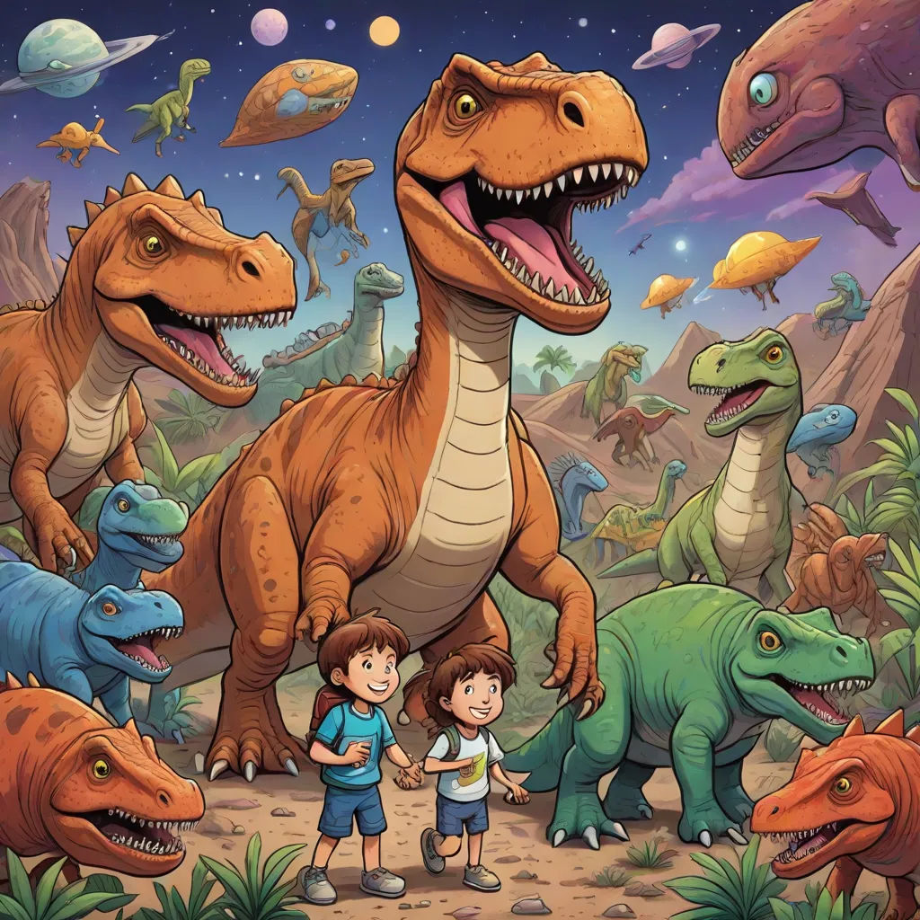a boy and a girl standing in front of a dinosaur field with dinosaurs and other dinosaurs in the background, lyco art, a storybook illustration, Adam Rex, rossdraws global illumination