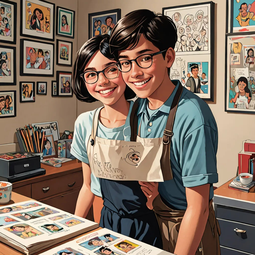 a couple of people standing next to each other in a room with pictures on the wall and a desk, serial art, a comic book panel, Aaron Jasinski, stanley artgerm lau