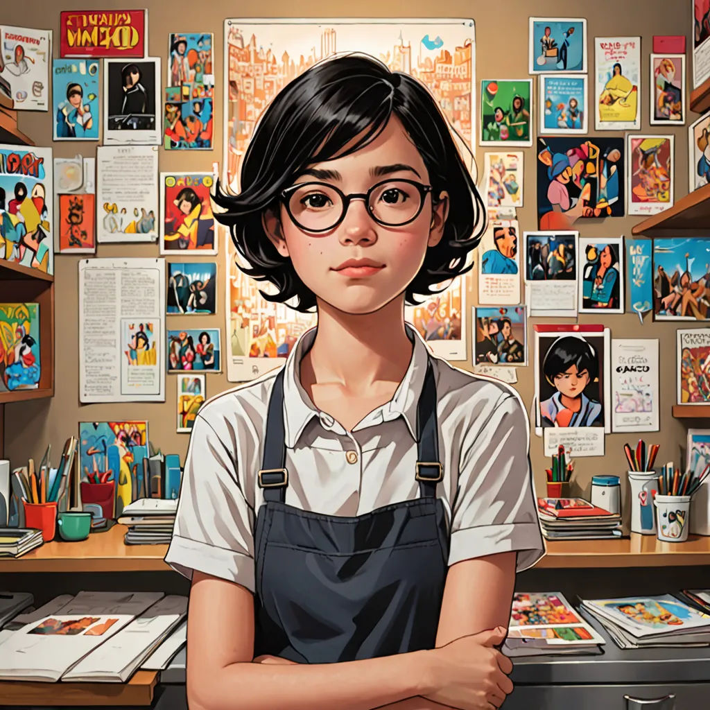 a painting of a girl with glasses standing in front of a desk with books and magazines on it and a bunch of comics on the wall, academic art, a character portrait, Artgerm, yukito kishiro